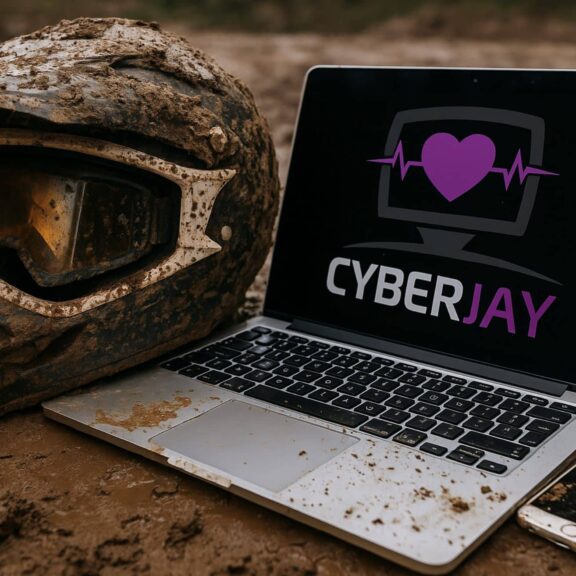Casque enduro et macbook, Cyber Jay campagne